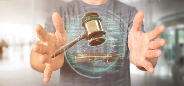 Zicht Van Een Zakenman Met Een Justice Hamer Gegevens Rendering — Stockfoto