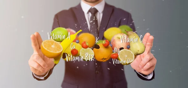 持有水果和维生素的商人视图 3D渲染 — 图库照片