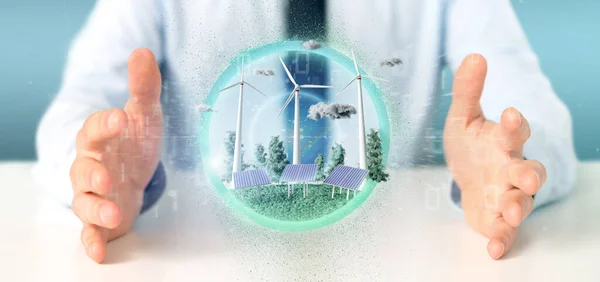 Zicht Een Zakenman Met Windturbines Zonnepanelen Die Schone Energie Produceren — Stockfoto