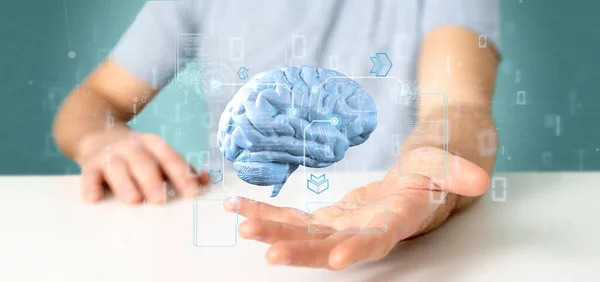 Vista Uomo Affari Possesso Cervello Artificiale Intelligence Con Dati Rendering — Foto Stock