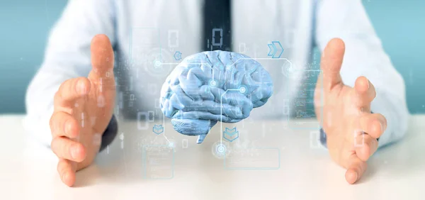 Vista Uomo Affari Possesso Cervello Artificiale Intelligence Con Dati Rendering — Foto Stock