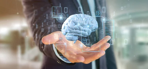 データによる人工知能の脳を持つビジネスマンの見解 3Dレンダリング — ストック写真
