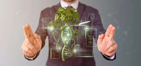 Vista Empresário Segurando Dna Crescendo Como Uma Planta Renderização — Fotografia de Stock