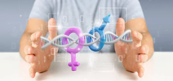 View Businessman Holding Dna Data Male Female Symbol Rendering — Stock Photo, Image