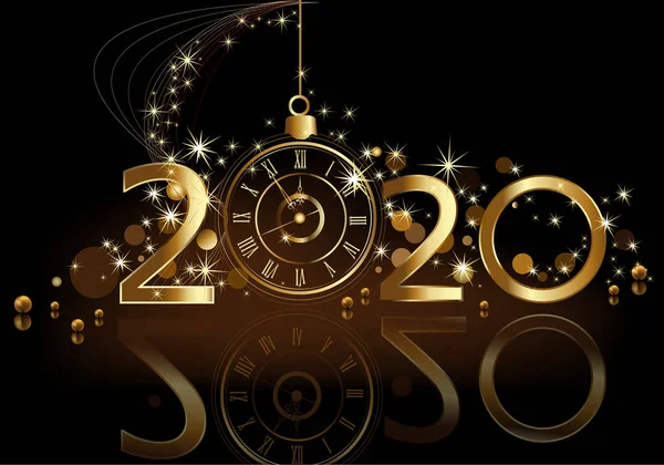 Feliz Año Nuevo 2020 Fondo Oro Negro Con Reloj — Vector de stock