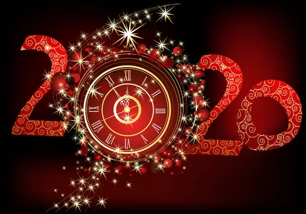 Mutlu Yıllar 2020 Arkaplan Saat Ile Kırmızı Altın — Stok Vektör