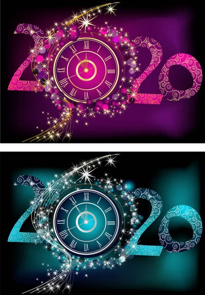 Happy New Year 2020 Fond Bleu Violet Avec Horloge — Image vectorielle