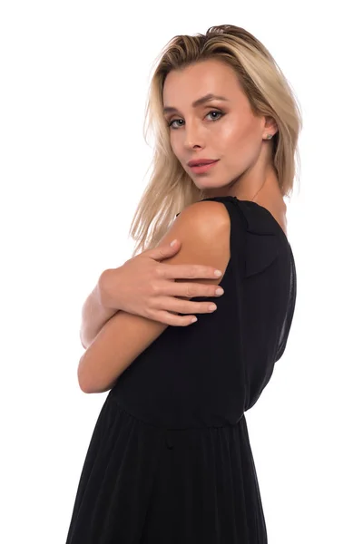 Rubia en un vestido negro — Foto de Stock