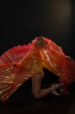 Güzel, ince, sarışın kadın parlak şeffaf kanatları sallıyor.