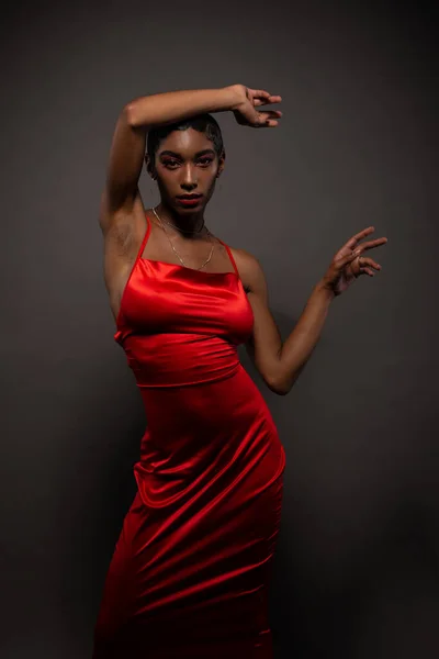 Slender Young African American Woman Tight Red Dress — 스톡 사진