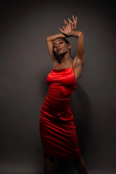 Slender Young African American Woman Tight Red Dress Stock Photo
