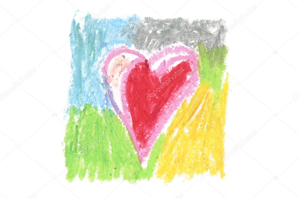 Oil pastel heart color stroke texture on white background. Isolated.