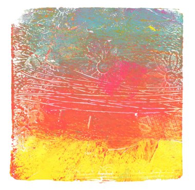 Soyut renk akrilik ve suluboya resim. Şablon monotiplemesi. Tuvalin eski grunge doku arka planı. Beyaz üzerine izole edilmiş kare şekli.