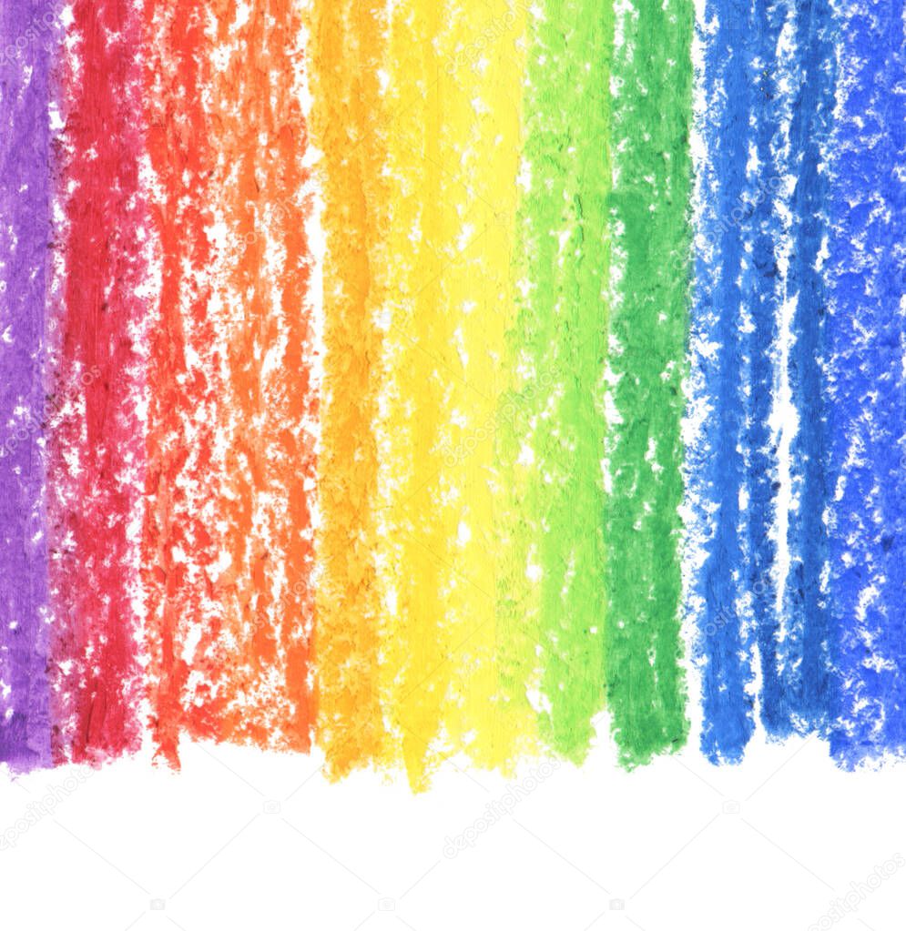 Oil pastel rainbow stroke texture on white background. Isolated.