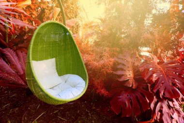 Rattan oval sallanan sandalye tropikal bitkide yastıkla.