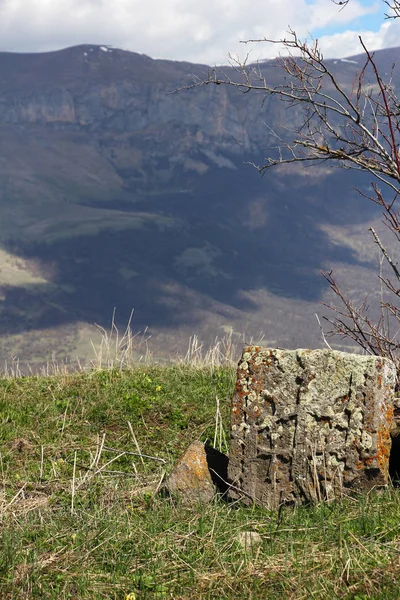 Ancient Cross Stone Khachkar Background Mountains Armenia — Stock Photo, Image