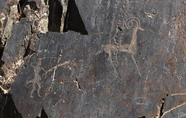 ancient rock drawings, deer and human with the spear, hunting