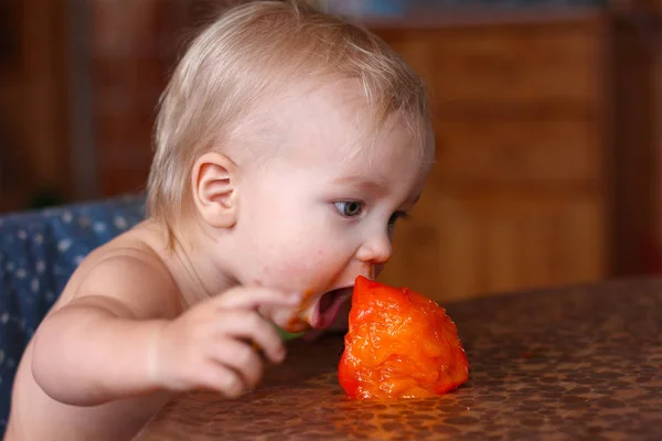 Bébé essayant de mordre persimmon mûr frais — Photo
