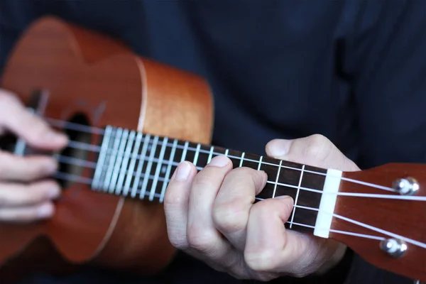 Close-up van ukulele fretboard in handen van de muzikant — Stockfoto