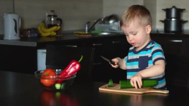 Küçük çocuk büyük yeşil salatalığı dikkatlice bıçakla keser ve tabağa koyar. Mutfakta sebze salatası pişirir. Küçük vejetaryen çocuk montessori eğitim becerisi koordinasyon ve bağımsızlık.