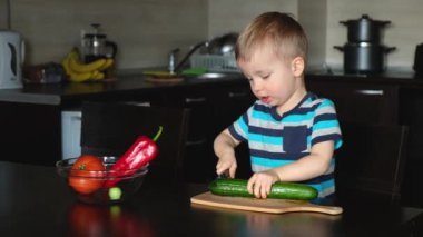 Küçük bağımsız çocuk büyük yeşil salatalığı dikkatlice bıçakla keser ve tabağa koyar, mutfakta sebze salatası pişirir, küçük vejetaryen çocuk montessori koordinasyon eğitimi becerisi 