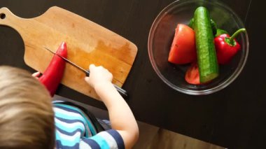 Küçük vejetaryen çocuk mutfakta sebze salatası pişiriyor, kırmızı dolmalık biberi kırıyor ve tabağa döküyor, sonra bıçakla kesip biçiyor, montessori eğitimi alıyor, yukarıdan görüyor.