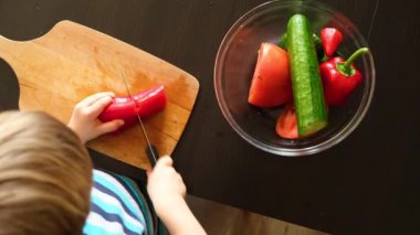Küçük vejetaryen çocuk dikkatle kesiyor ve kırmızı biberi bıçakla görüyor ve tabağın içine bırakıyor, vejetaryen çocuk mutfakta sebze salatası pişiriyor, montessori eğitimi, yukarıdaki manzara.