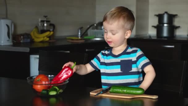 Kleines Niedliches Vegetarisches Kind Kocht Gemüsesalat Der Küche Nimmt Rote — Stockvideo