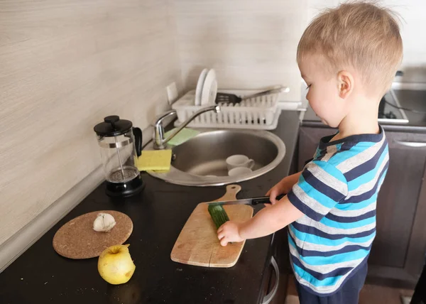Yalnız küçük vejetaryen çocuk büyük yeşil salatalığı bıçakla keser, vejetaryen çocuk mutfakta sebze salatası pişirir, montessori eğitim becerisi koordinasyon ve bağımsızlık, yan görüş. 