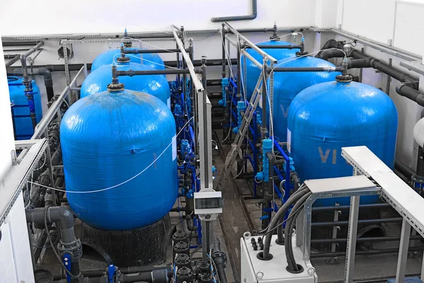 Many Big Blue Water Tanks Wastewater Treatment Facility Industrial Interior — Stock Photo, Image