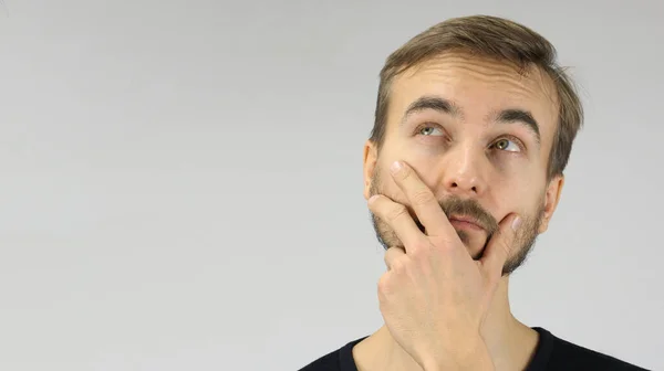 Head Portrait Mused Thinking Caucasian Man Looks Face Emotion Grimace — Stock Photo, Image