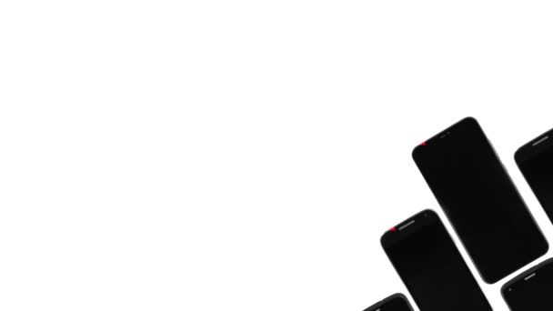 红色扭曲文字数字排毒出现在黑色智能手机上 一组黑色小工具在白色背景上对角线移动 无缝循环动画 内嵌视频保护程序的标题 广播标题 — 图库视频影像