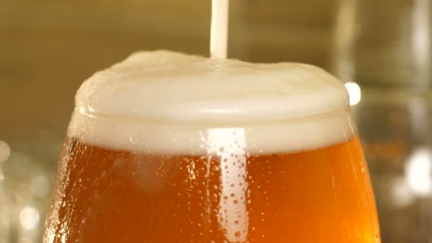 Bolle e schiuma in un bicchiere di birra. Camera si muove dall'alto verso il basso con un bicchiere di birra — Video Stock
