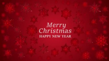 Düşen kar taneleriyle neşeli animasyon metinleri. Xmas Kış Bayramları Hediyeleri ve Eğlence Konsepti. Dönüşümlü Noel kar taneleri içeren kırmızı karlı arka plan.