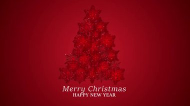 Noel ağacı pırıl pırıl kar taneleri animasyonu. Xmas Kış Tatil Hediyeleri ve Eğlence Dekorasyonu. Kırmızı arkaplan