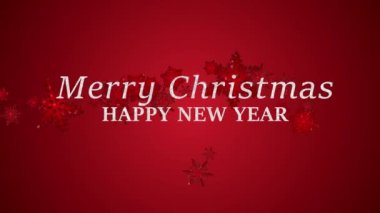 Düşen kar taneleriyle neşeli animasyon metinleri. Xmas Kış Bayramları Hediyeleri ve Eğlence Konsepti. Dönen Noel kar taneleri içeren kırmızı kar arkaplanı.