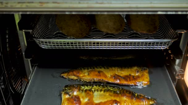 Peixe é cozido no forno, lanches de cerveja de peixe, peixe crocante, cozinhar, um cozinheiro na cozinha, um prato de frutos do mar, cozinha asiática — Vídeo de Stock