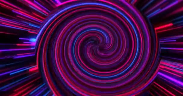 Animación abstracta de neón torcido en espiral, círculo luminoso de luz, láseres y líneas. Fondo color fucsia . — Vídeo de stock