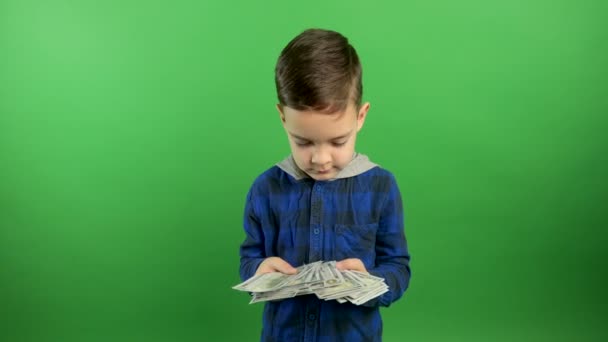 Roztomilý chlapec s balíčkem stodolarových bankovek, mávající na ně a usmívající se do kamery, šetřící investice — Stock video