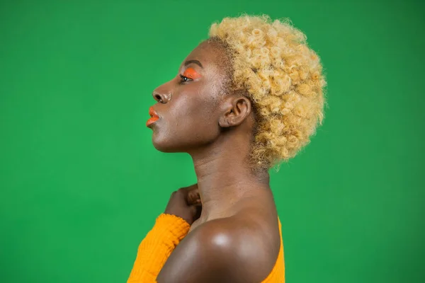 Porträtt av ung afrikansk amerikansk kvinna - färgad - isolerad på grön bakgrund — Stockfoto