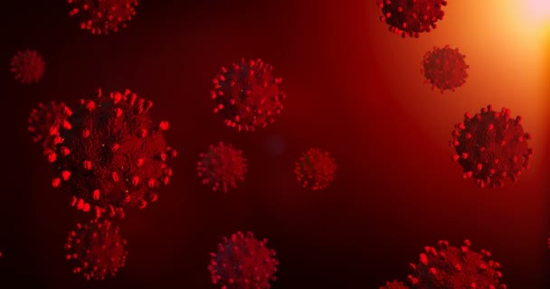 Realista representación de animación 3D de células coronavirus 2019-nCoV COVID-19 en un fondo abstracto de color rojo oscuro, concepto de propagación de virus en todo el mundo — Vídeos de Stock