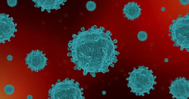 3D rendering animation of blue covid-19 flu coronavirus cells flowing on abstract red background as dangerous cases of flu deformity as concept of risk of pandemic disease for health — Stock Video