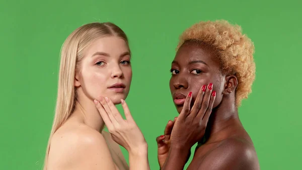 Modello di bellezza ritratto di giovani ragazze di razza diversa. Bellissime facce femminili. Guardando la telecamera. Isolato su sfondo verde. Bella ragazza che si tocca il viso — Foto Stock