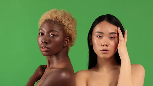 Retrato de belleza de chicas africanas y europeas con hombros desnudos y marca de moda sobre fondo verde. Concepto de belleza y spa para mujeres — Foto de Stock