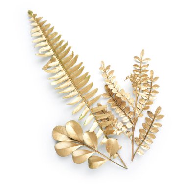 altın yaprak tasarım öğeleri. Davetiye, düğün kartları, Sevgililer günü, tebrik kartları için dekorasyon öğeleri. Beyaz arka plan üzerinde izole.