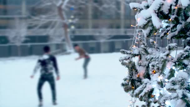 Tonåringar spelar snöbollar nära en julgran — Stockvideo