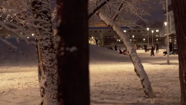 雪に覆われた都市公園で丘を下って乗る子供たち 新鮮な雪 魔法の冬の夜 雪の後の散歩で認識できない人々 パノラマ 安定したショット — ストック動画