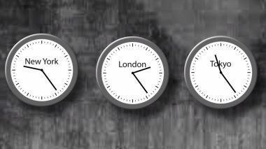 Üç saat kadranı. Londra, New York, Tokyo.
