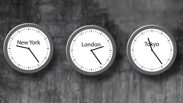 Üç saat kadranı. Londra, New York, Tokyo.