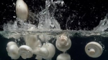 Suya düşen mantarları kapayın. Siyah arka planda bir sıçrama var.